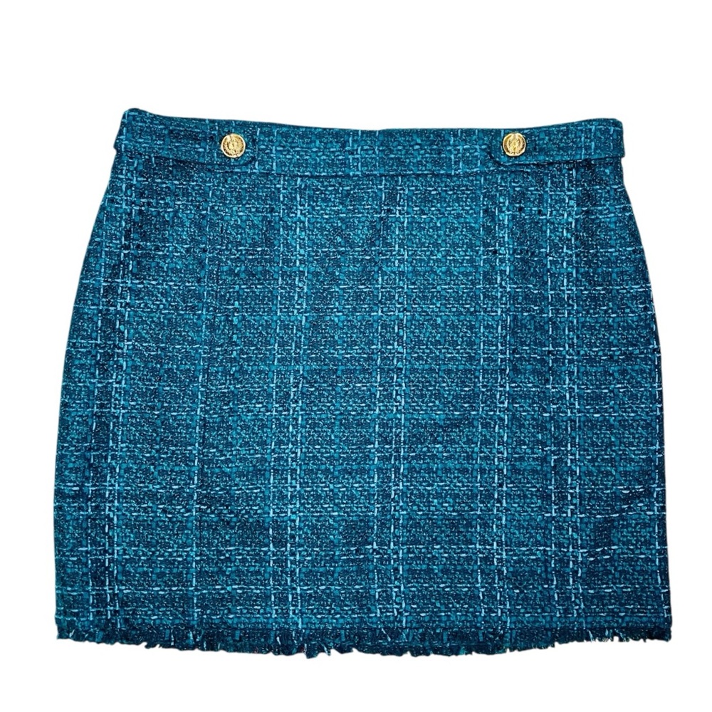 NEW White House Black Market Teal Blue Tweed Boot Skirt Gold Buttons Size 14